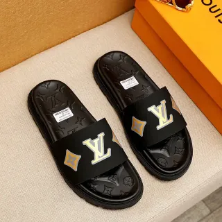Louis Vuitton Slides Black Yellow Molded Rubber Sole Monogram-Embossed Footbed Slippers