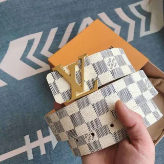 Louis Vuitton Beige Navy Damier Azur Canvas Gold-Tone LV Buckle Leather Belt