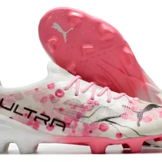 Puma Ultra White Pink Low-Cut Knit Upper Floral Cherry-Blossom Print Firm-Ground Soccer Shoes