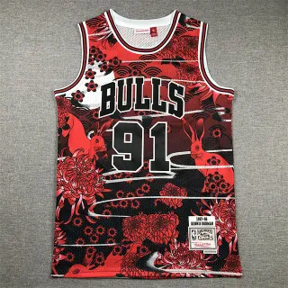 Mitchell & Ness Hardwood Classics 1997–98 Dennis Rodman Red Black Floral Rabbit Jersey