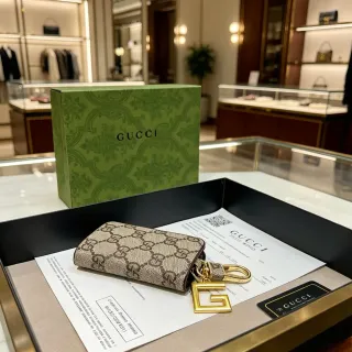 Gucci Ophidia Beige Brown GG Monogram Canvas Gold-Tone G Charm Coin Purse