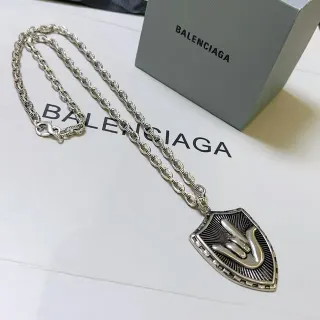Balenciaga Silver Black Shield-Shaped Pendant Textured Link Chain Necklace