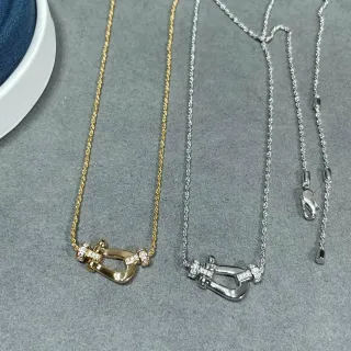 Gold Silver Shackle-Shaped Pendant Pavé-Set Stones Necklace
